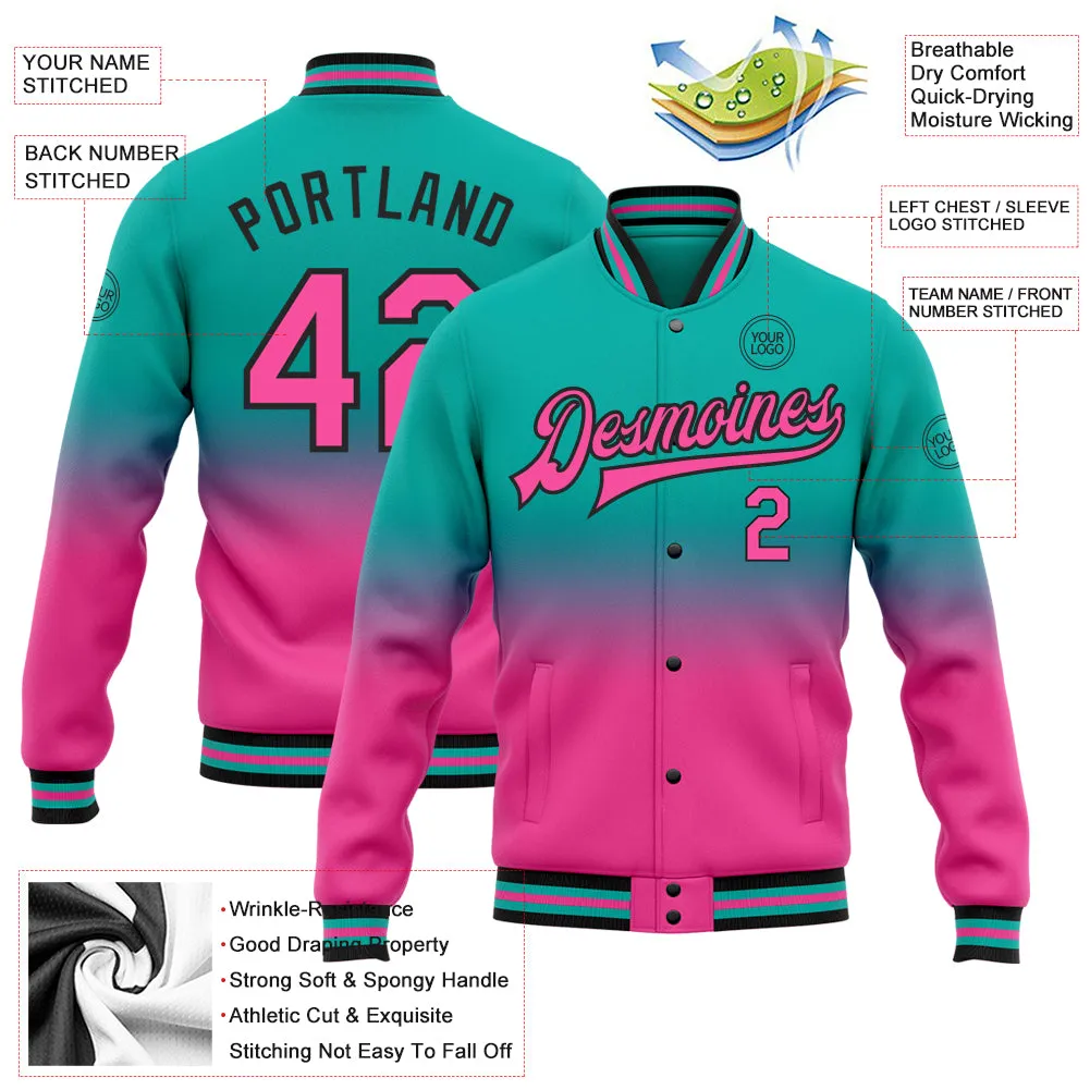 Custom Aqua Pink-Black Bomber Full-Snap Varsity Letterman Fade Fashion Jacket