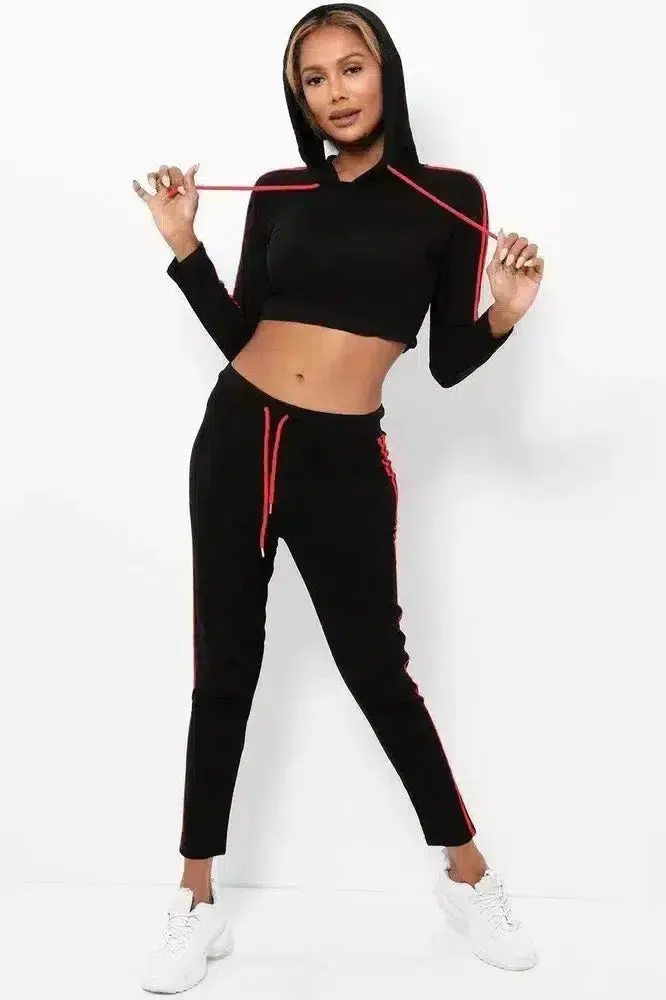 Double Red Stripe Cropped Hoodie Black 2 Piece Tracksuit