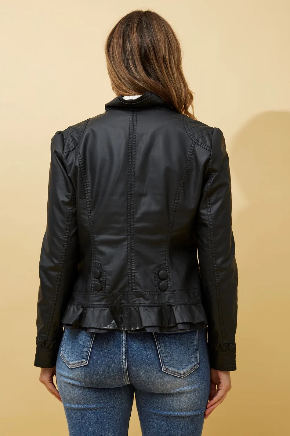 ELLEN FRILL VEGAN LEATHER JACKET