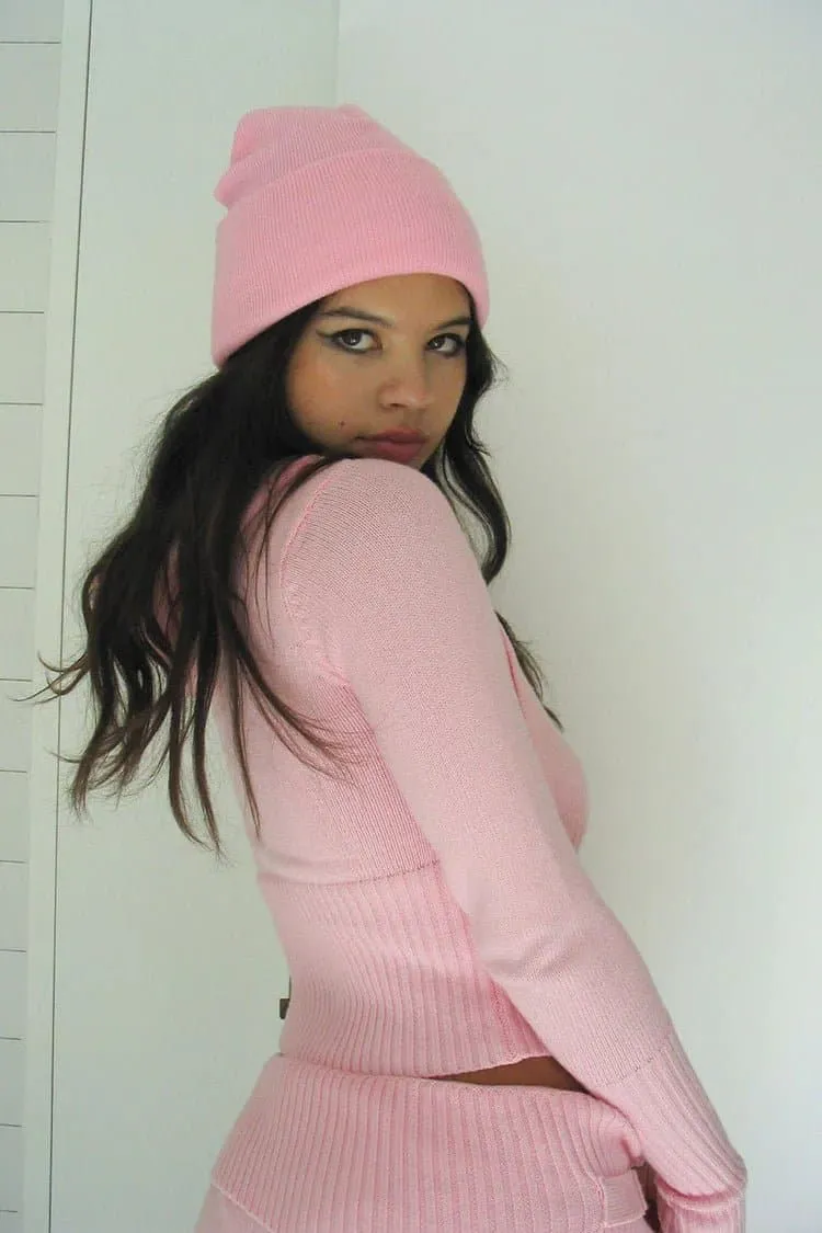 Frankies Bikinis Aimee Zip Up Cloud Knit Hoodie in Valentine Pink as seen on Addison Rae