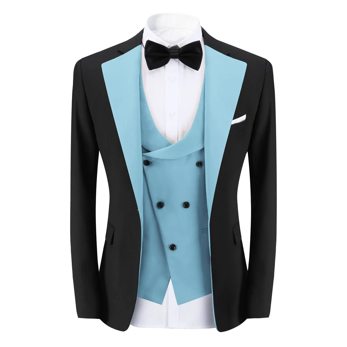 Men's 3-Piece Fashion One Button Color-Blocking Suit Light Blue