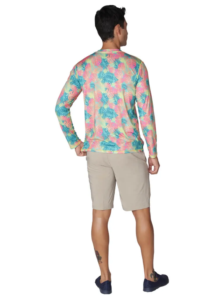 Men's Long Sleeve sun shirt in lush leaves print pattern