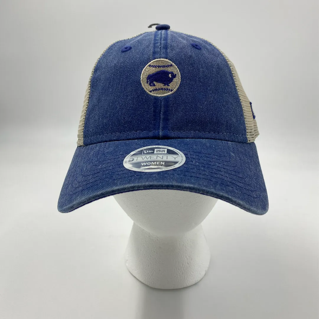 New Era Buffalo Bisons Mini Logo Women's Blue Denim Adjustable Trucker Hat