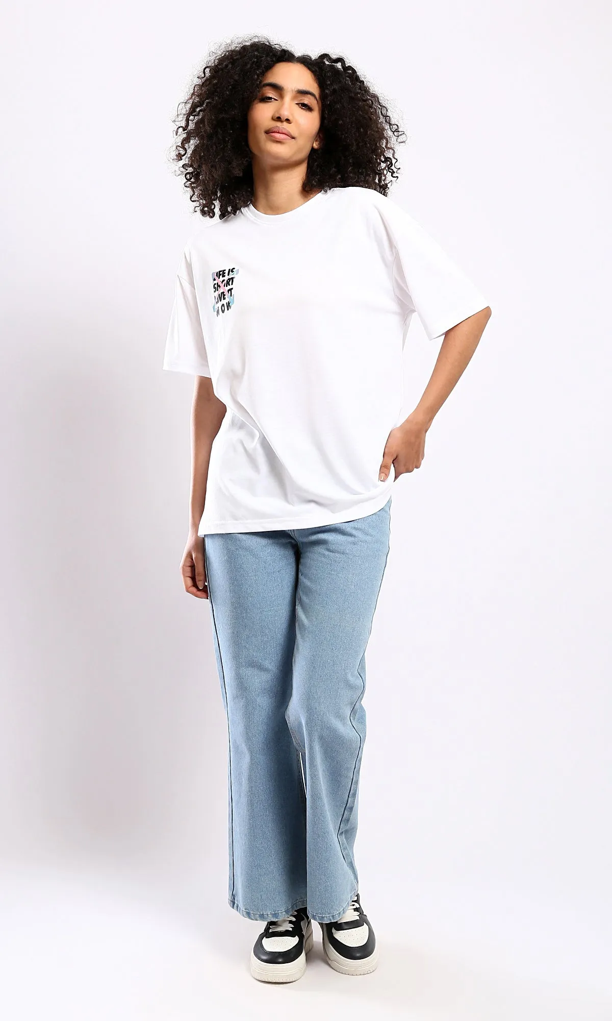 O178407 Slip On Crew Neck Printed White Tee