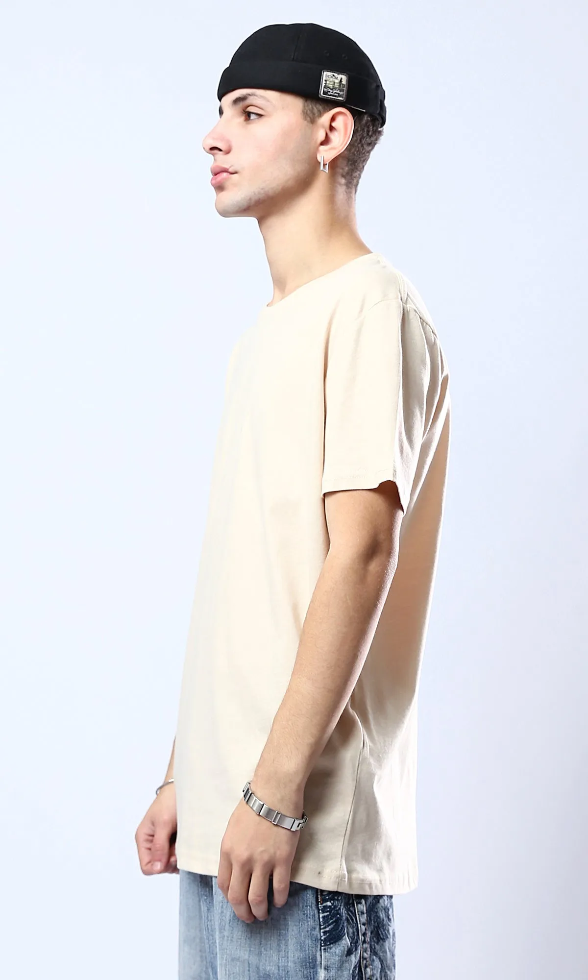 O178819 Beige Crew Neck Solid Basic Tee