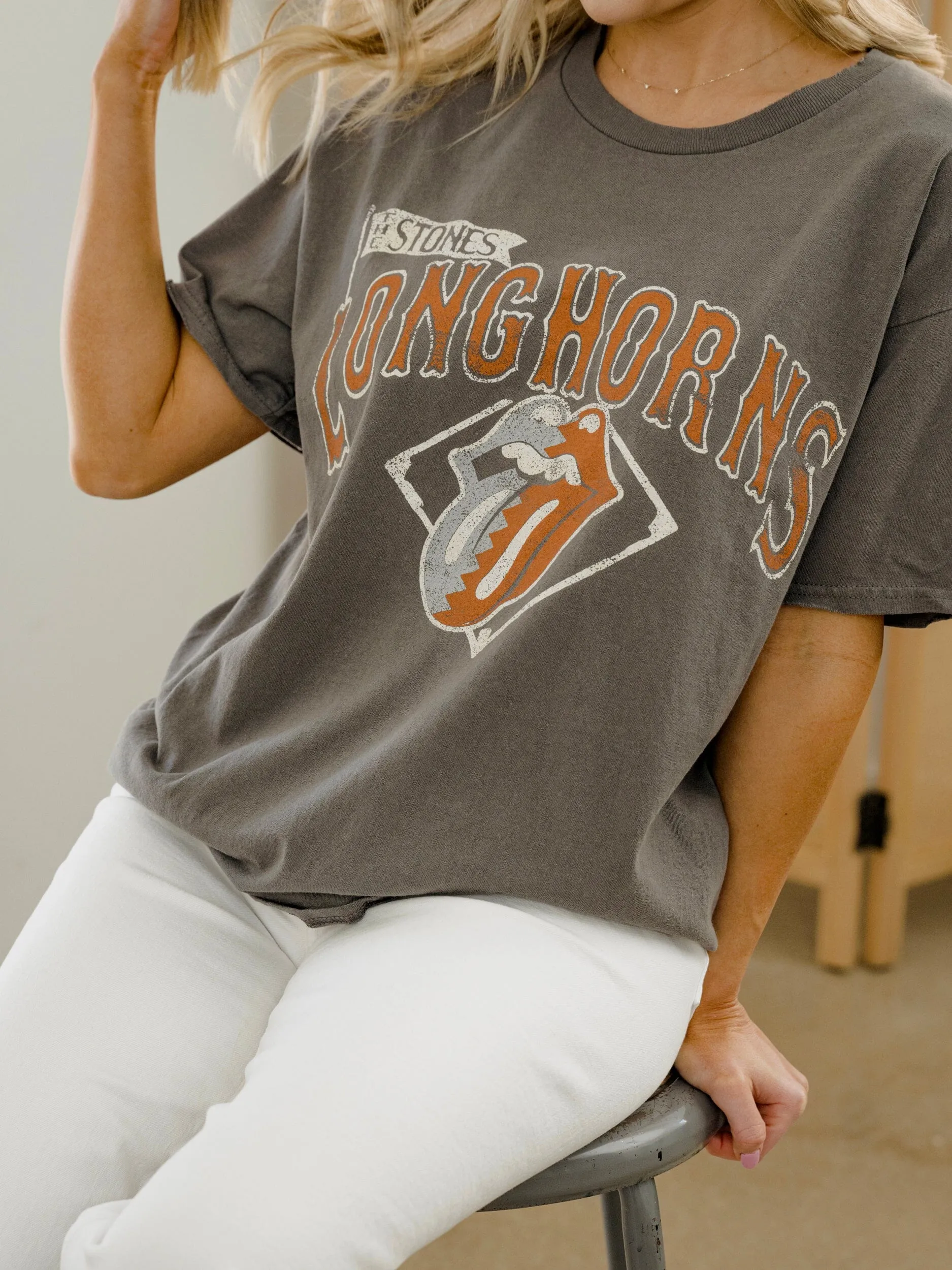 Rolling Stones Longhorns Baseball Diamond Off Black Thrifted Tee