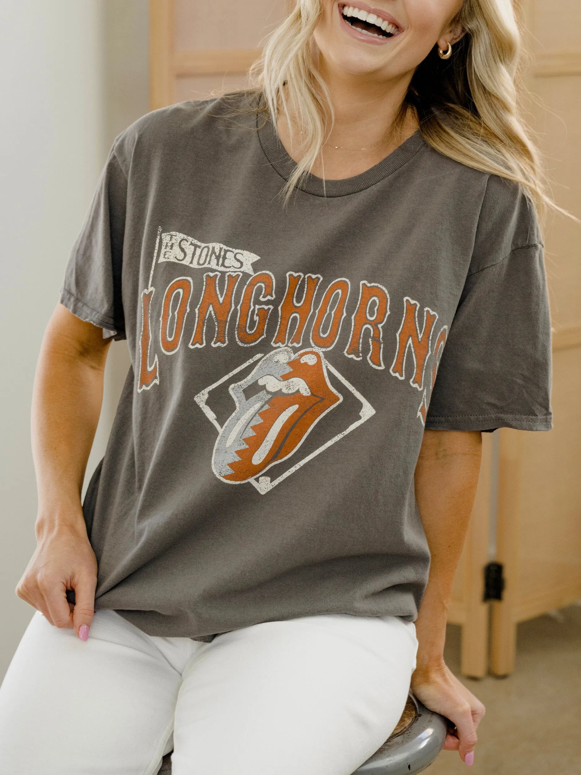 Rolling Stones Longhorns Baseball Diamond Off Black Thrifted Tee