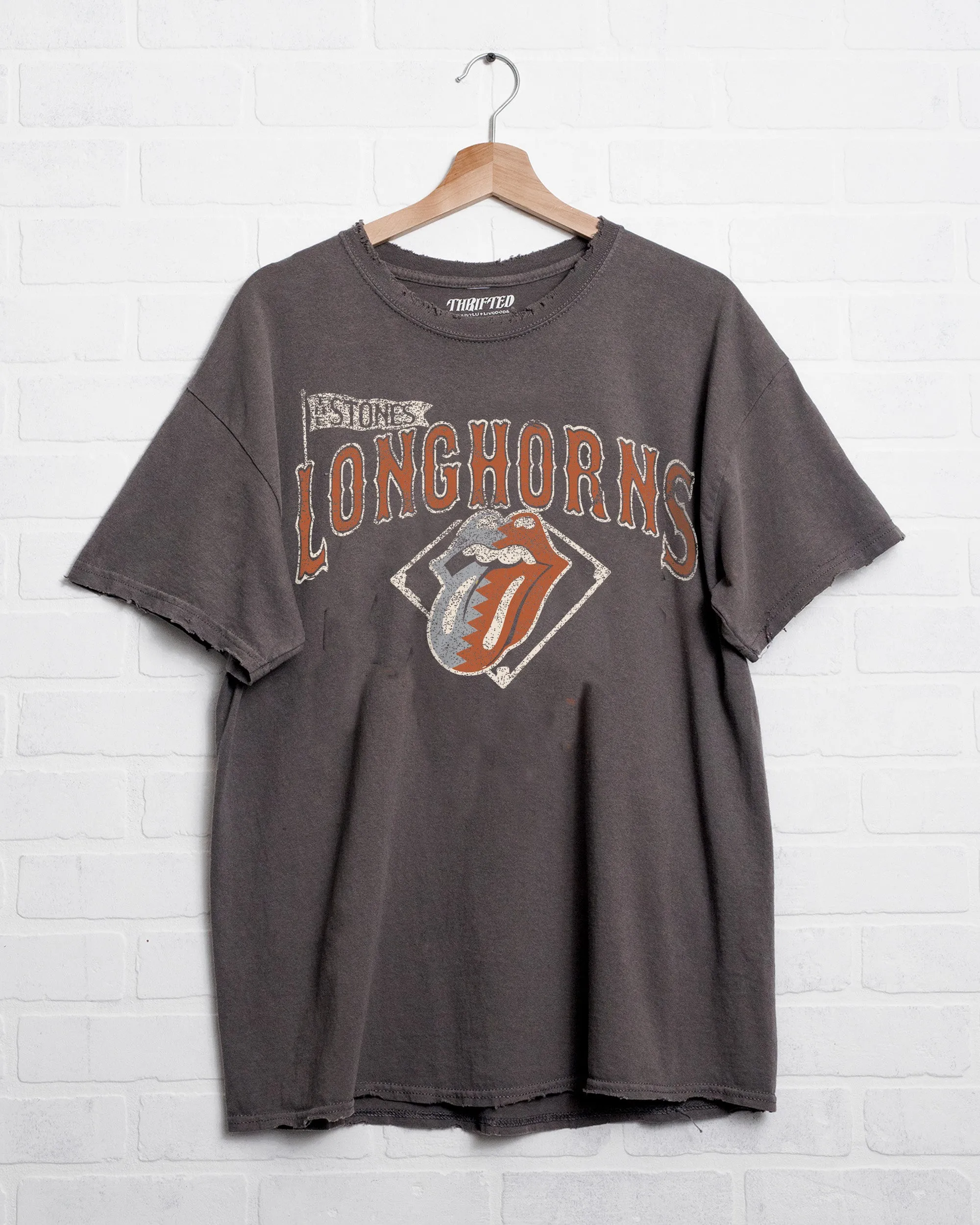 Rolling Stones Longhorns Baseball Diamond Off Black Thrifted Tee