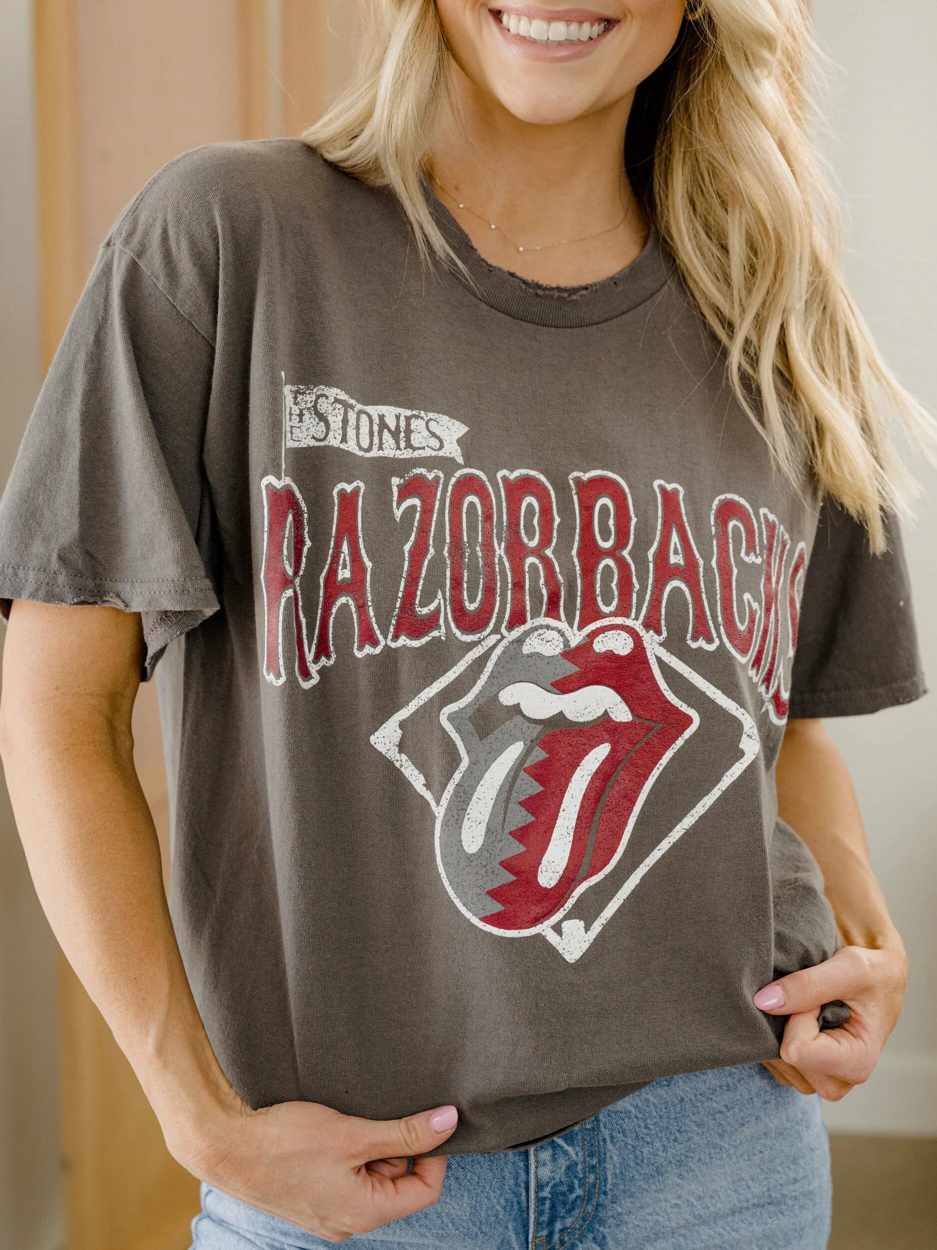 Rolling Stones Razorbacks Baseball Diamond Off Black Thrifted Tee