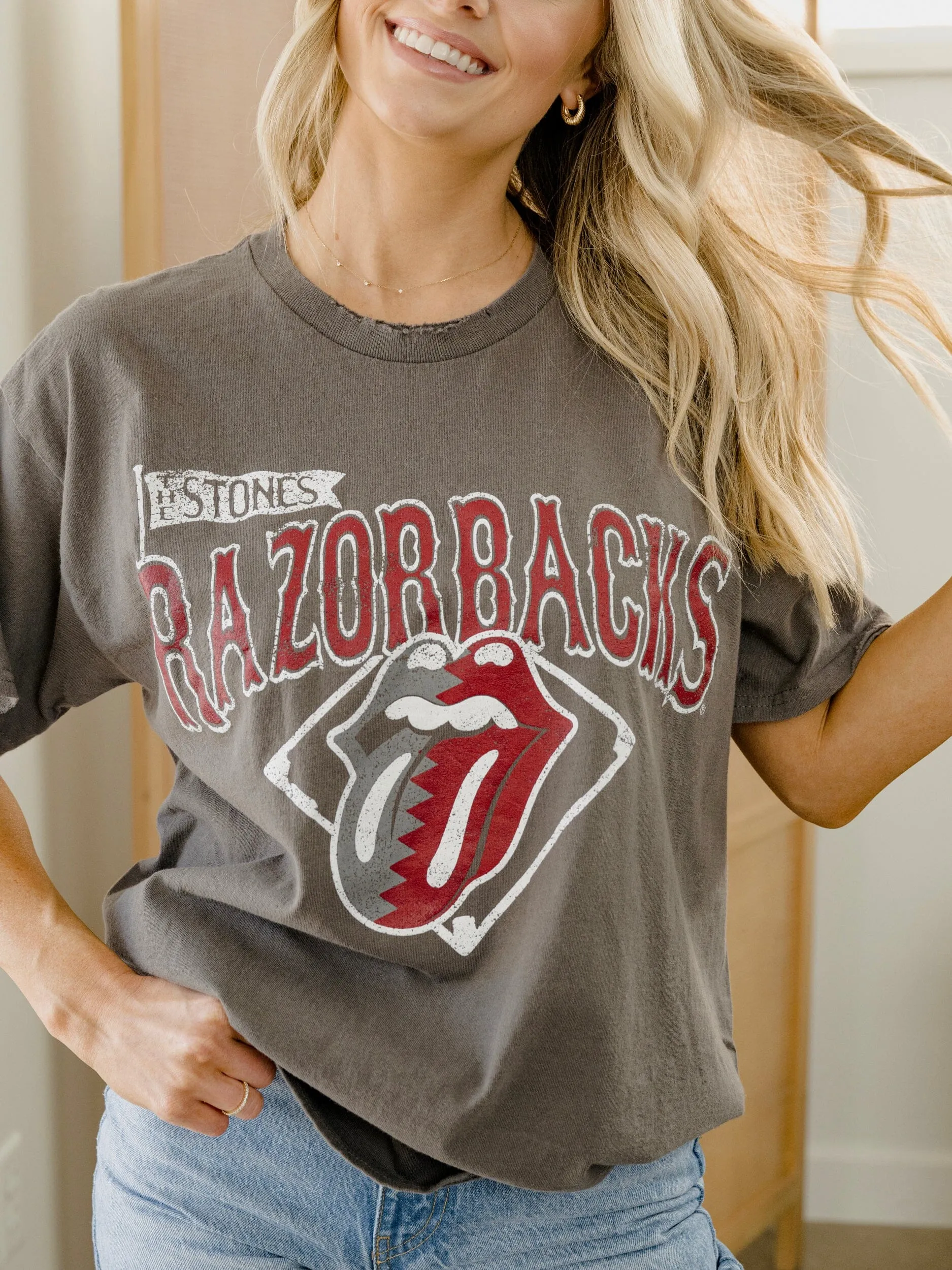 Rolling Stones Razorbacks Baseball Diamond Off Black Thrifted Tee