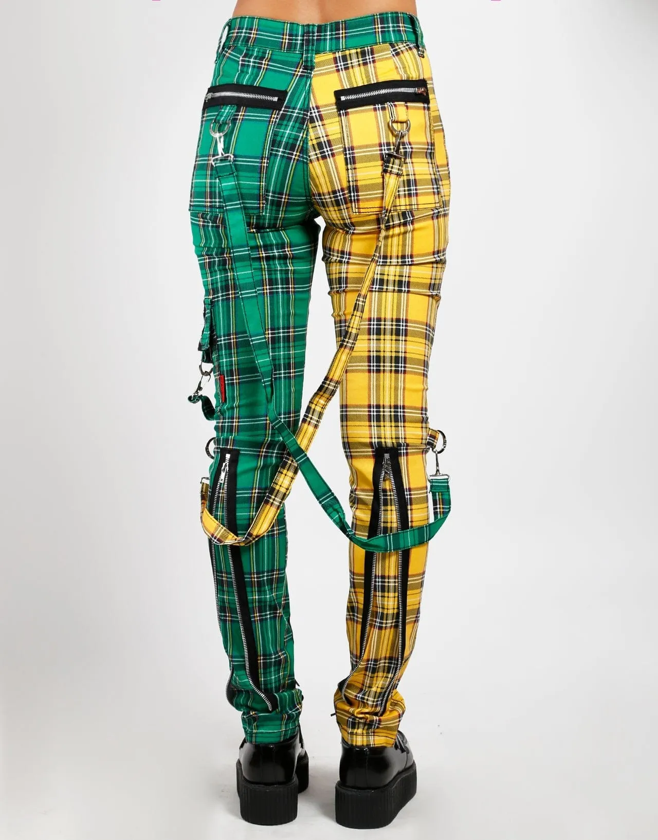 Tripp NYC Womens Split Leg Plaid Bondage Pants - Stylish Grunge Streetwear with Adjustable Straps