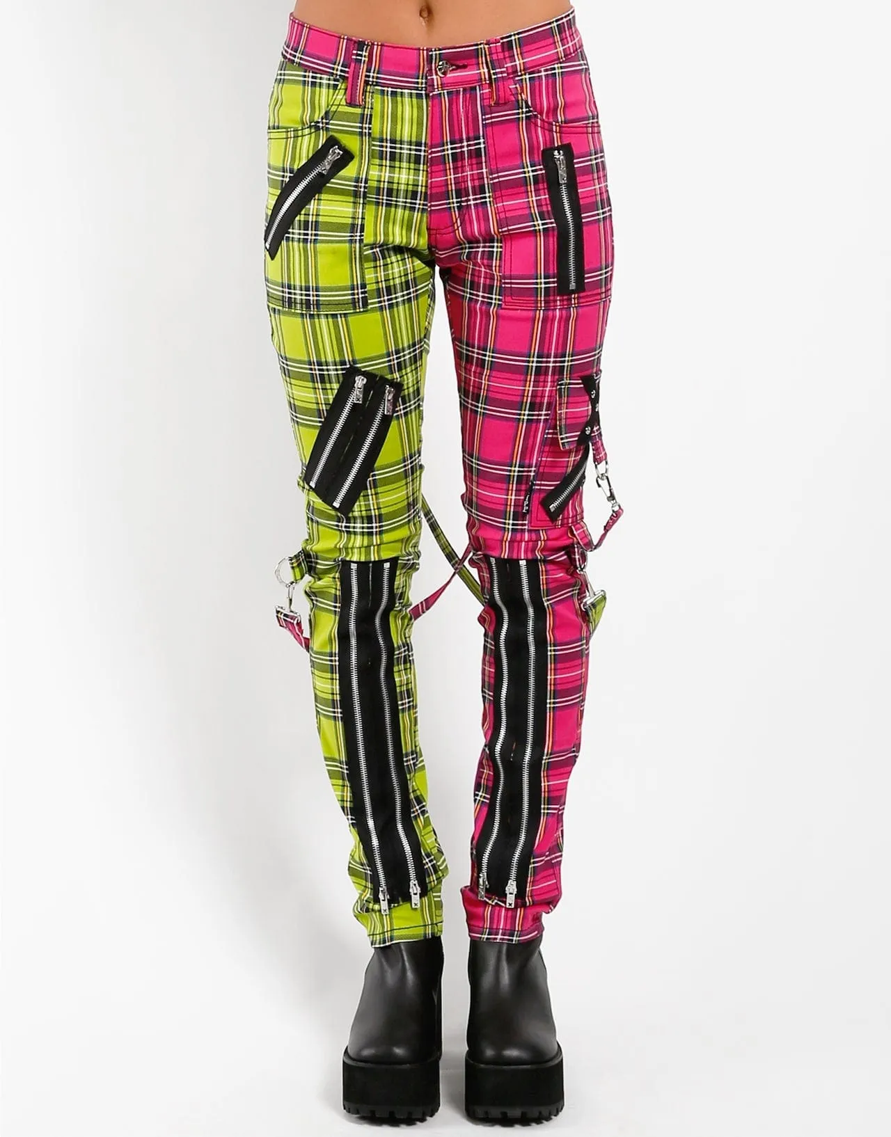 Tripp NYC Womens Split Leg Plaid Bondage Pants - Stylish Grunge Streetwear with Adjustable Straps