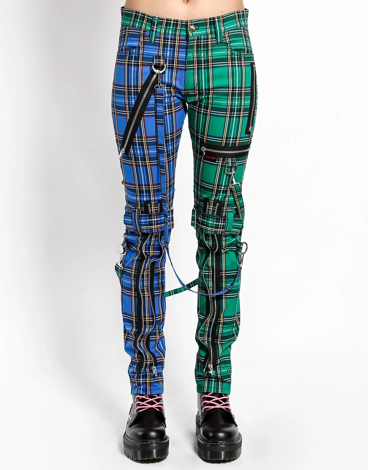 Tripp NYC Womens Split Leg Plaid Bondage Pants - Stylish Grunge Streetwear with Adjustable Straps