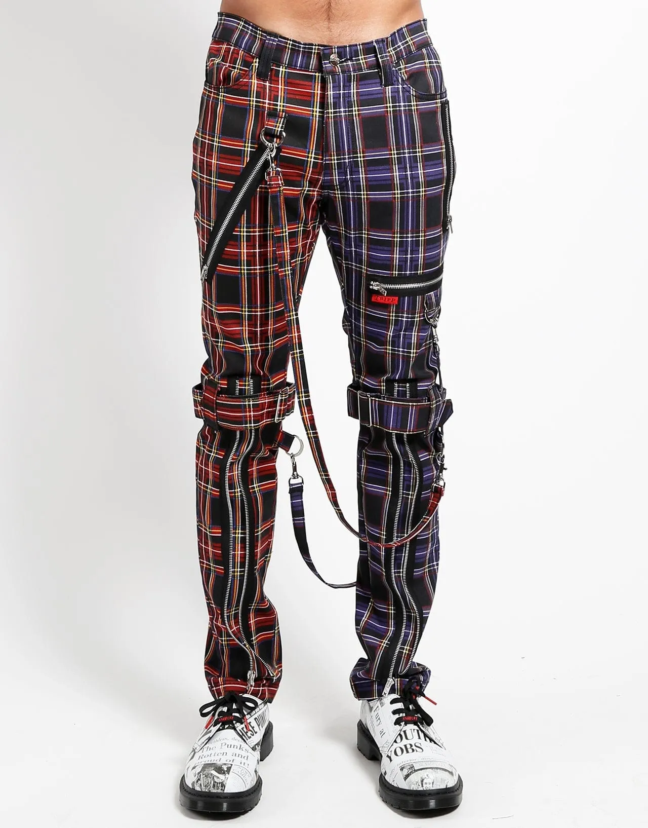 Tripp NYC Womens Split Leg Plaid Bondage Pants - Stylish Grunge Streetwear with Adjustable Straps