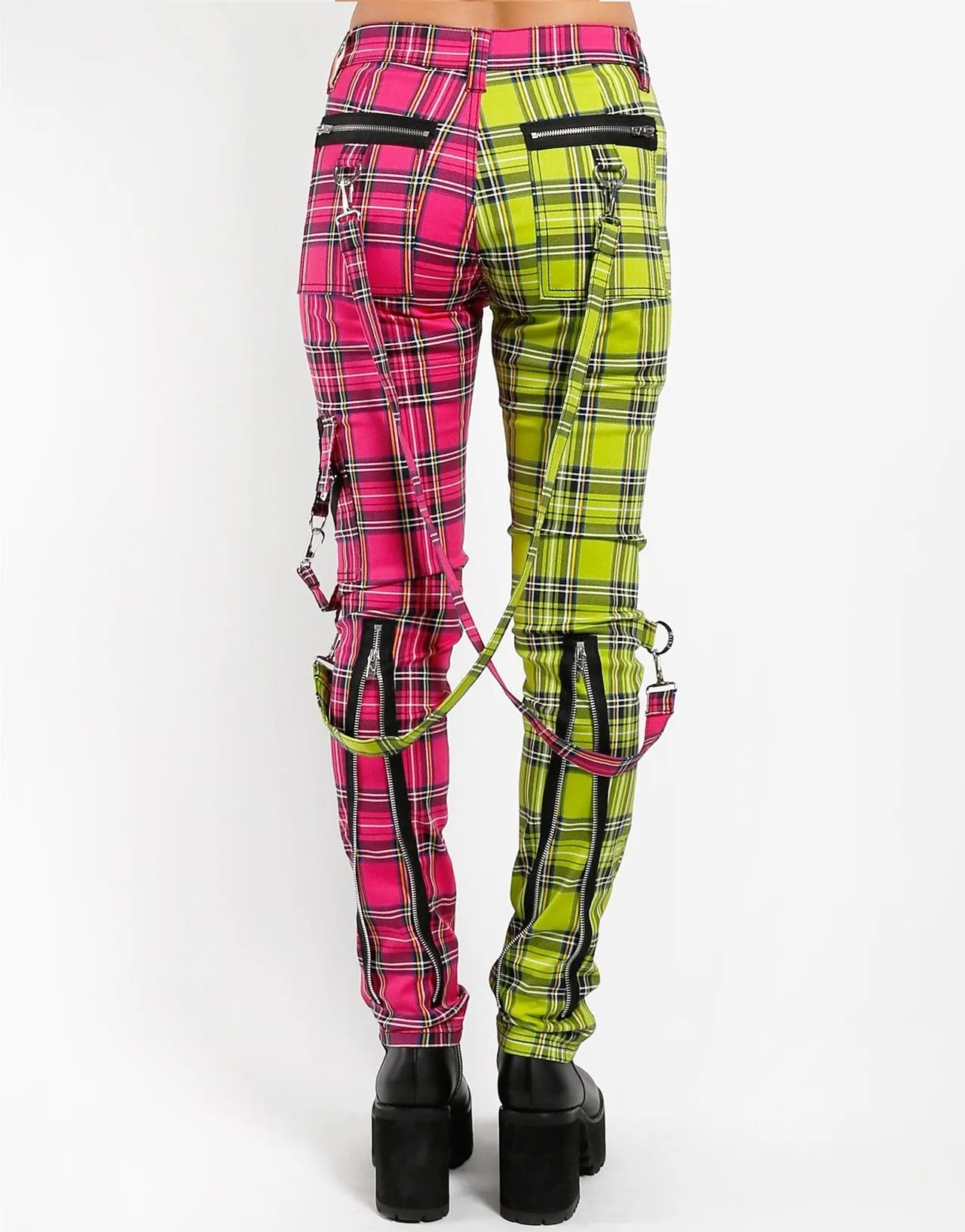 Tripp NYC Womens Split Leg Plaid Bondage Pants - Stylish Grunge Streetwear with Adjustable Straps