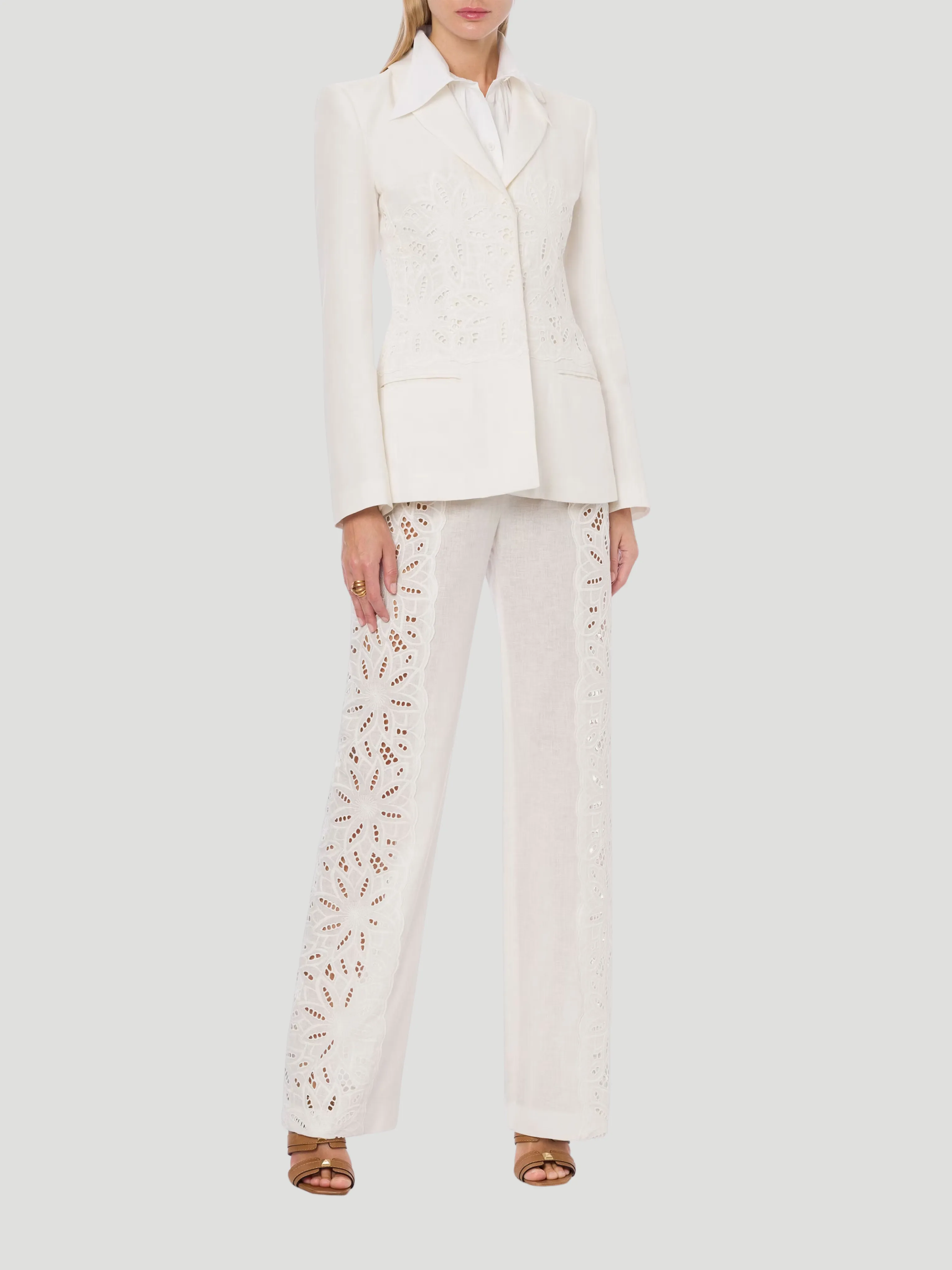 White Embroidered Straight Leg Pant