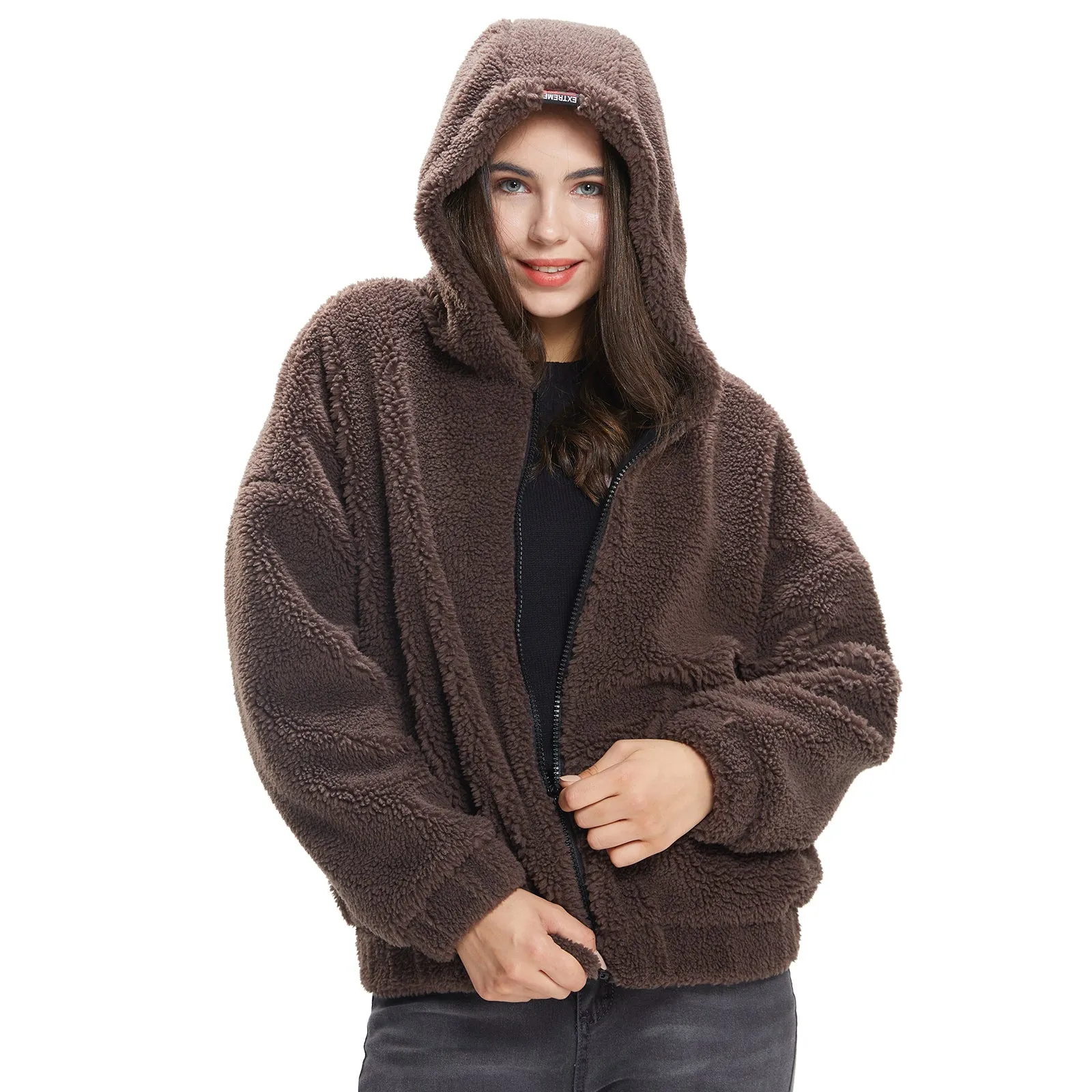 Womens Sherpa Jacket Oversized Zip Up Hoodie colours Beige, Camel, Coffee S M L XL